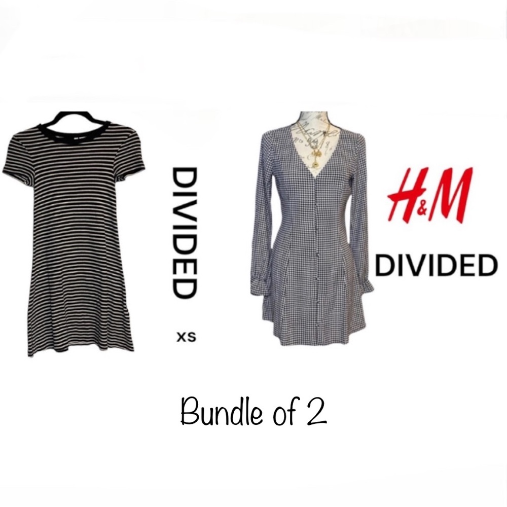 H & M DIVIDED MINI DRESS BUNDLE OF 2 HOUNDSTOOTH STRIPES BLACK WHITE XS